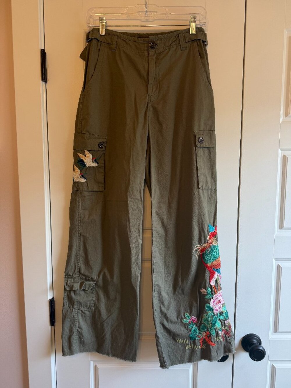 Johnny Was Peacock Embroidered Wide-Leg Cargo Pants